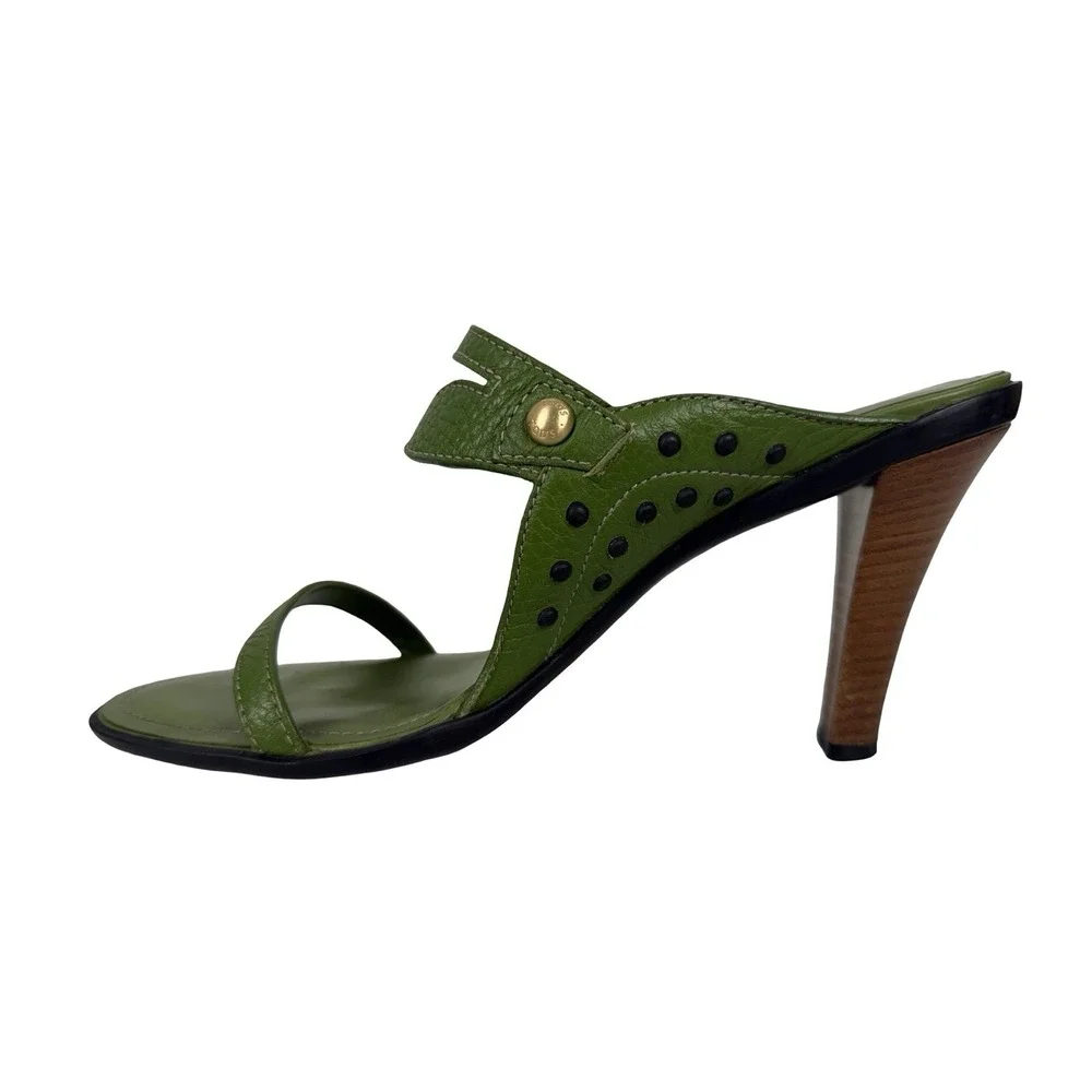 Tod's Womens EU 40.5 US 10.5 Studded High Heel Sandals Green Leather Casual